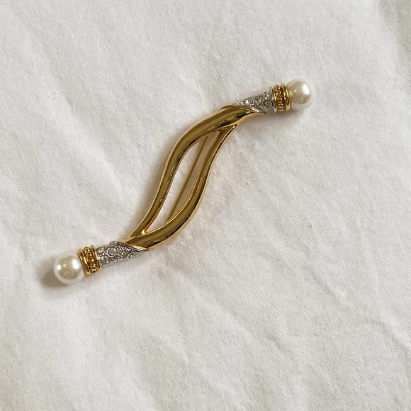 VTG Gold Pearl CZ Diamond Wavy Brooch Pin - Picture 5 of 8